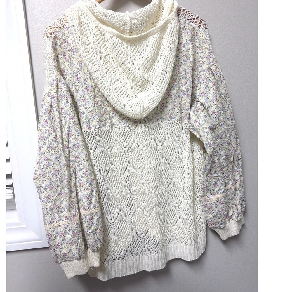 POL Crochet Knit Floral Puff Sleeve Hooded Cardigan Sweater Cream M Y2K Coquette - Picture 2 of 12